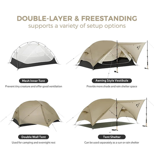 Naturehike Mongar 2 UL/PRO 1-2 Person Backpacking Tent Nylon Waterproof Ultralight Travel Trekking Shelter Tent with Footprint