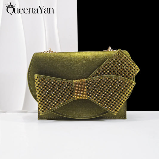 2025 New Rhinestone Design African Shoes & Bag Set in Olive Open Toe Comfortable Women's High Heels Hot Sale on Instagram