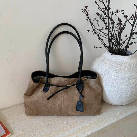 Women's Vintage Faux Suede Leather Tote Bag Contrast Color Strap Casual Shoulder Handbag Elegant Daily Bag for Commute Shopping