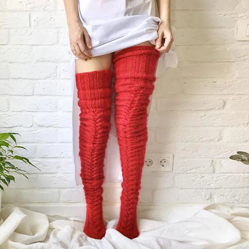 Women Winter Warm Breathable Long Johns Mohair Knee Length Knitted Wool Stretch High Sockings Femboy Leg Warmers Kawaii Clothes