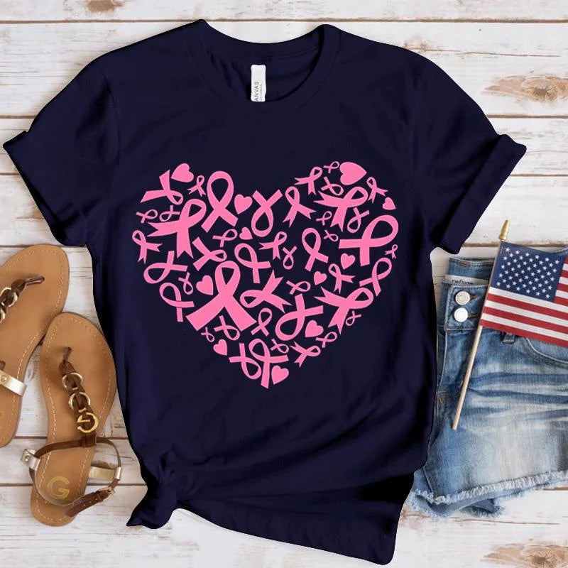 New Breast Cancer Awareness Heart Print T-Shirt Men Women Fashion Short Sleeve Casual Summer Tops Tees