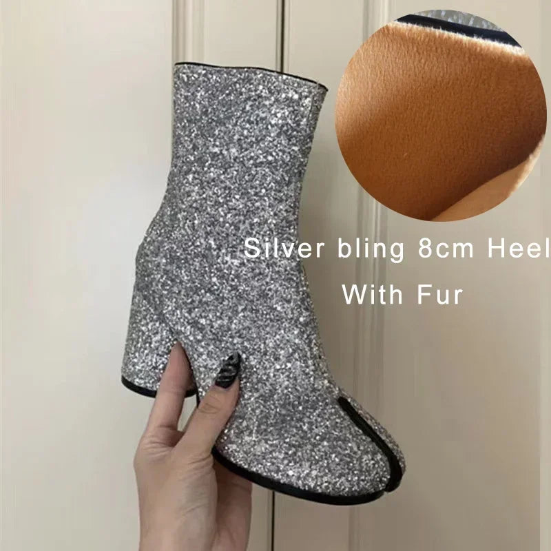 Luxury Brand Designer Tabi Split-toe Ankle Boots Women Genuine Leather Chunky Round Heel Short Boots 2024 Autumn Winter Shoes