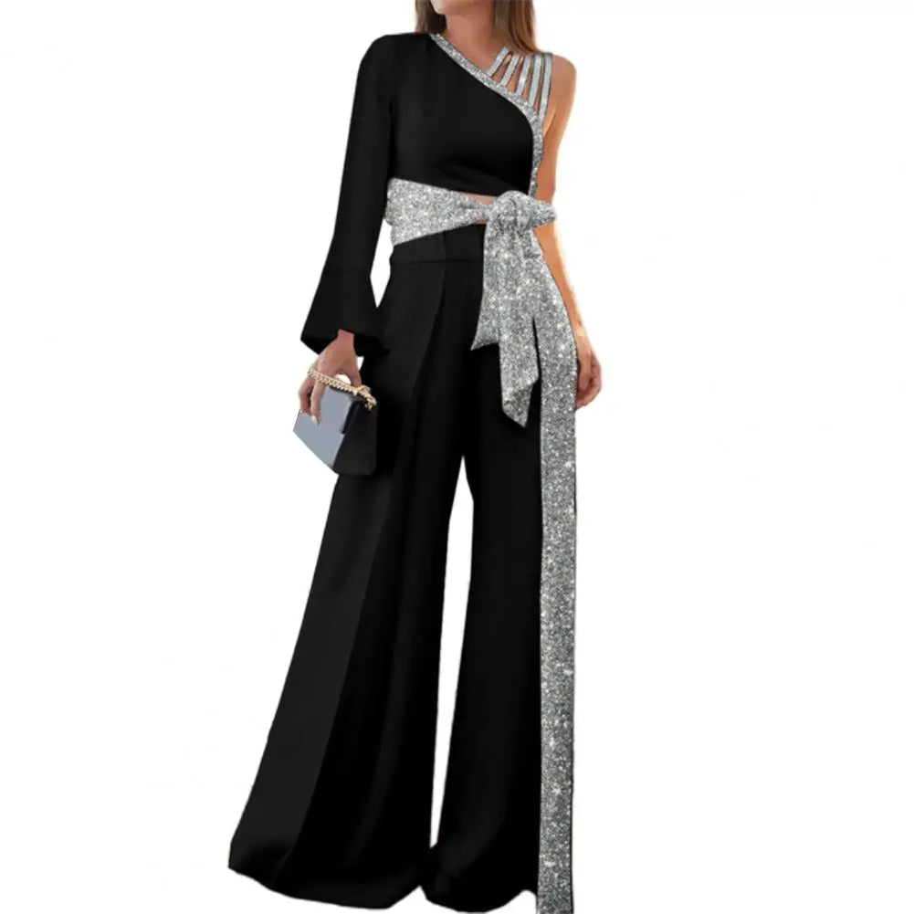 2026 Women Blouse Pants Set One Shoulder Blouse Bandage Bowknot High Waist Wide Leg Pants Set Glitter Trim Elegant Women Outfit
