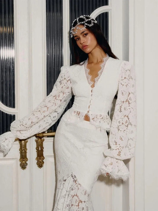 White Lace Patchwork Long Skirt Set Women Chic Full Flared Sleeves V-neck Slim Cropped Sets 2026 Lady Spring Evening Party Wear