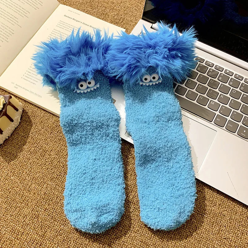 Funny Big Mouth Monster Plush Socks Cute And Fun Plush Socks Thick Coral Velvet Cartoon Sleeping Socks Winter Women Socks Gifts