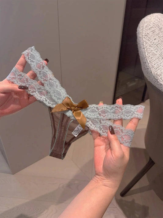 Women's thong Lace Low Waist G-String Women Panties Mesh Bow Female Ladies Briefs Breathable Underwears Intimates Lace border o