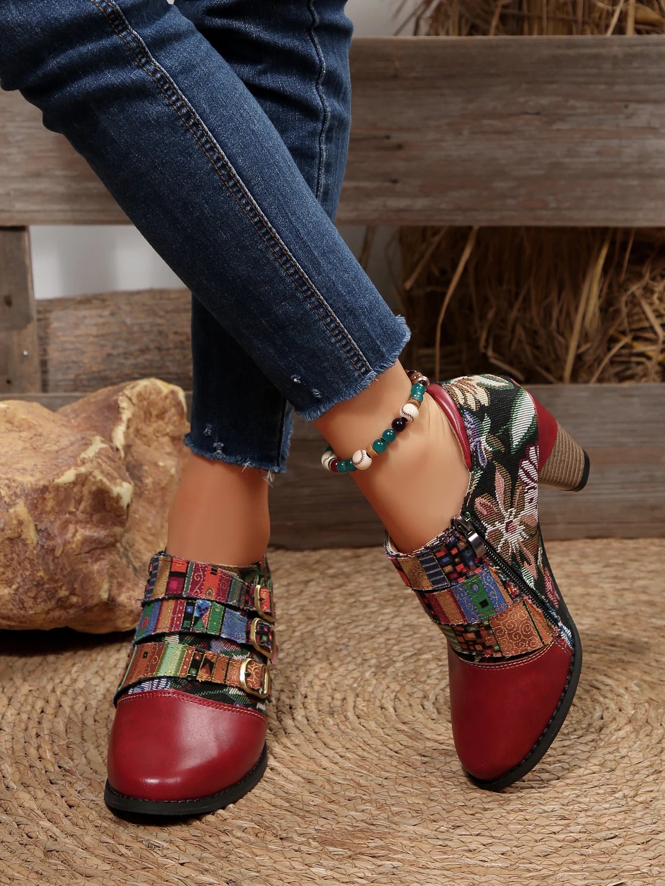 Women's Spring & Fall Short Boots, Bohemian Fashion Splicing Retro Short Boots, Casual Printed Western Leather Boots, Side Zippers, Suitable for Daily Commuting, Vacation, Parties