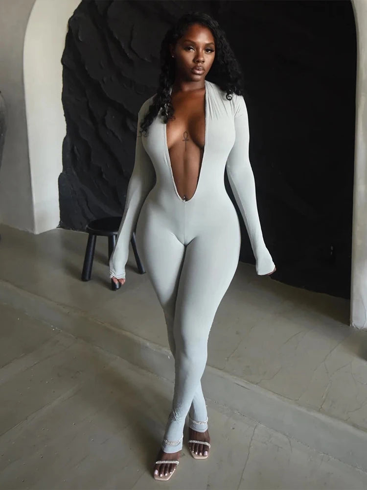 Nibber Backless Jumpsuit Women Deep v-Neck Long Sleeve Solid Skinny High Stretch Sexy Midnight Coquette Basis Wild Fall Outfits