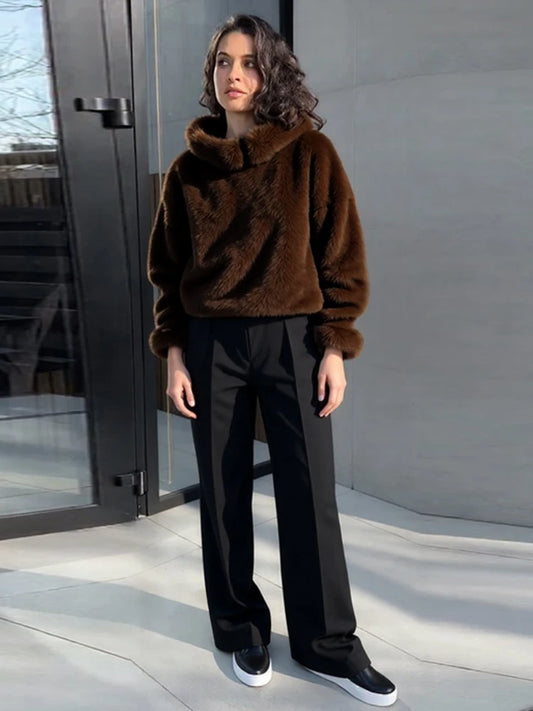 Luxury Faux Fur Hooded Pullovers Women's Loose Full Sleeve Stand Collar Pocket Coats 2025 New Autumn Winter Ladies Solid Outwear