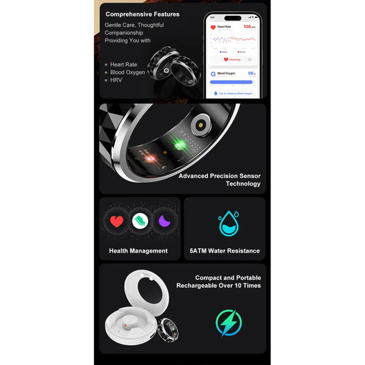 2026 New Smart Ring, Fidget Spinner Anxiety Relieve Ring with Charging Case for Men, Health and Sleep Monitor, 5ATM Waterproof