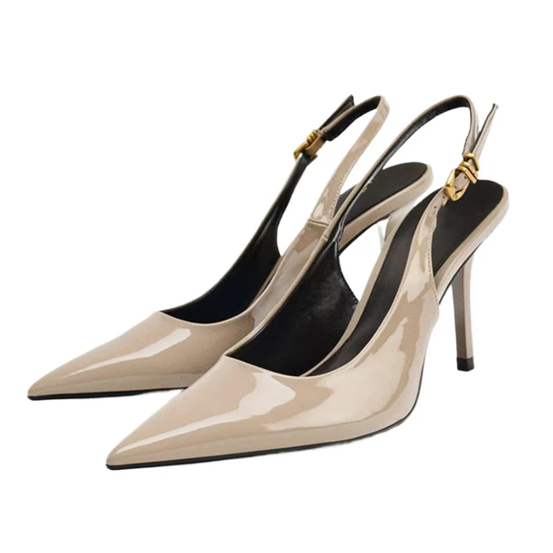 Luxury Patent Leather Metal Buckle Slingbacks Women Pumps Sexy Pointed Toe High Heels for Ladies Elegant Banquet Office Shoes