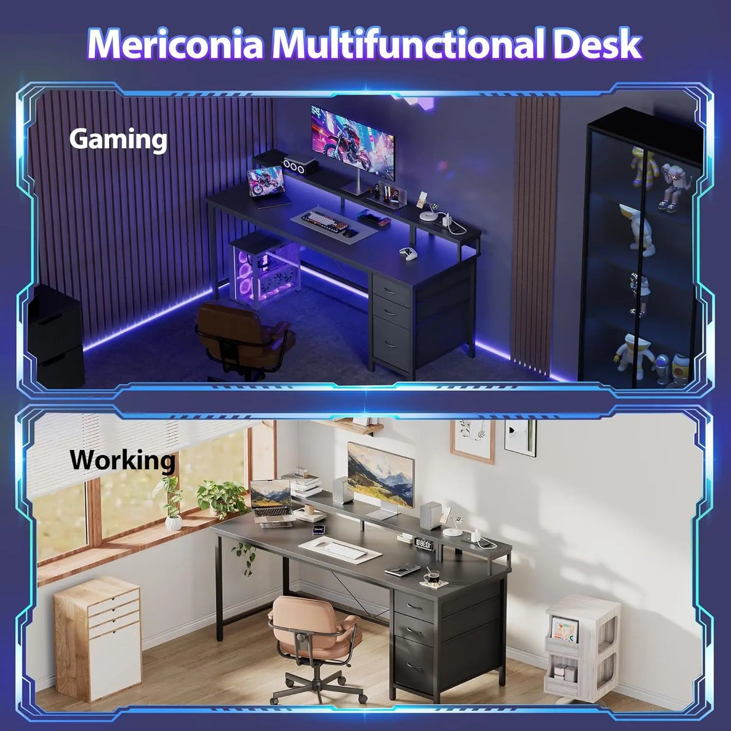 55-inch Gaming Desk with Power Outlets, LED Lights, 3 Drawers & Monitor Stand for Home Office and Small Spaces, Black