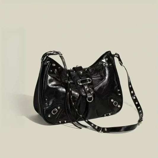 SHELKSBAG Motorcycle Cool Girl Vintage Leather Shoulder Message Bag Large Capacity Crossbody New Women's Bags Grunge Y2K