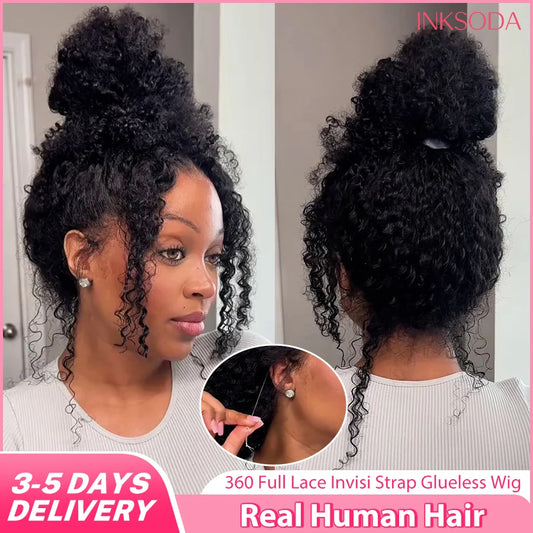 360 HD Lace Front Wigs Hidden Strap Deep Wave Human Hair Pre Plucked 220 Density Full Lace Frontal Wig with Invisible Drawstring
