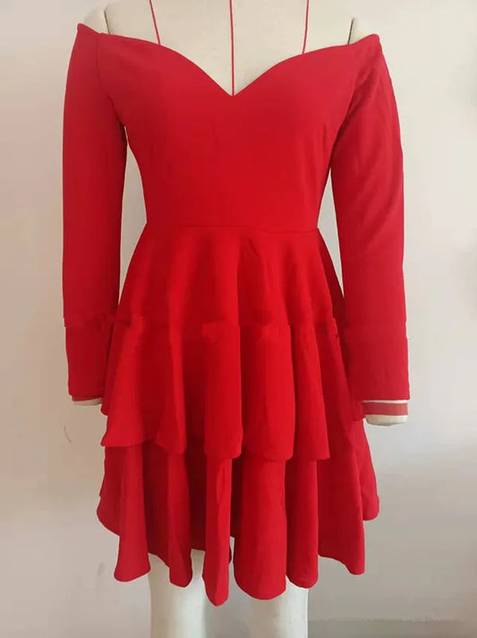 BKLD Autumn Clothes 2025 Solid Color Long Sleeve Sexy Clubwear V-Neck Off The Shoulder Evening Party Dress Red Dresses For Woman
