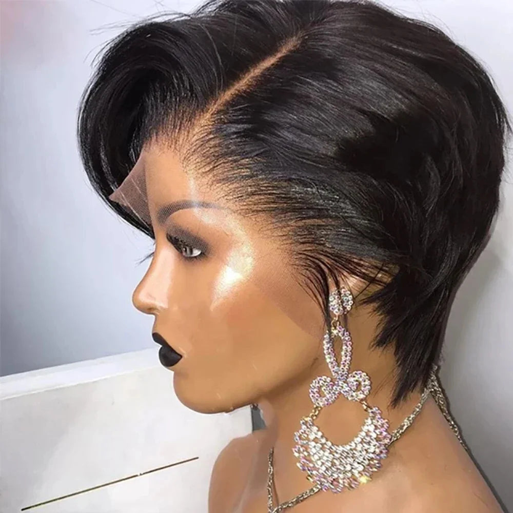 Straight Pixie Cut Wig Transparent Lace Human Hair 13×4 Human Hair Wigs Short Bob Wig For Black Woman hair Natural Color/#4