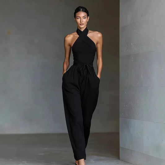 Chic High Waist Tie-up Wide Leg Pants Jumpsuit Women Sexy Criss Cross Halter Backless Zips Romper Summer Solid Office Overalls