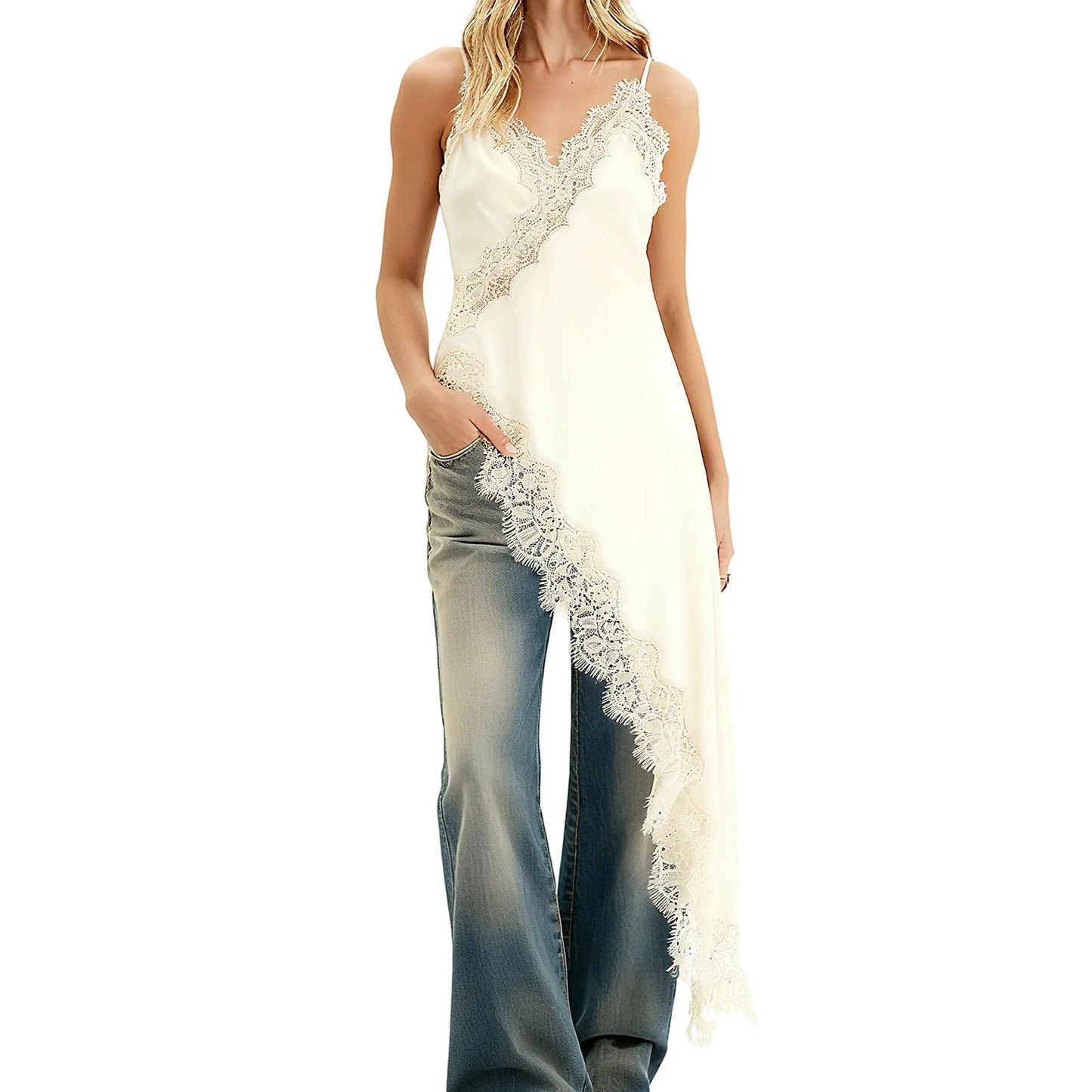 Xingqing Lace Trim Camisole Summer Women V Neck Spaghetti Strap Sleeveless Open Back Irregular Hem Long Tank Tops Streetwear