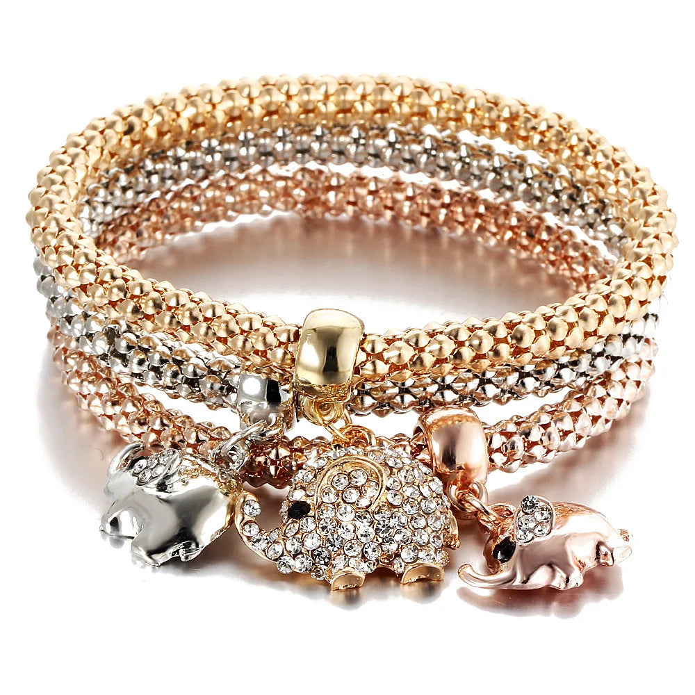 3Pcs Fashion Heart Bracelet Set For Women Crystal Owl Lock Key Music Sign Butterfly Elephant Charm Bangle Party Jewelry Gift