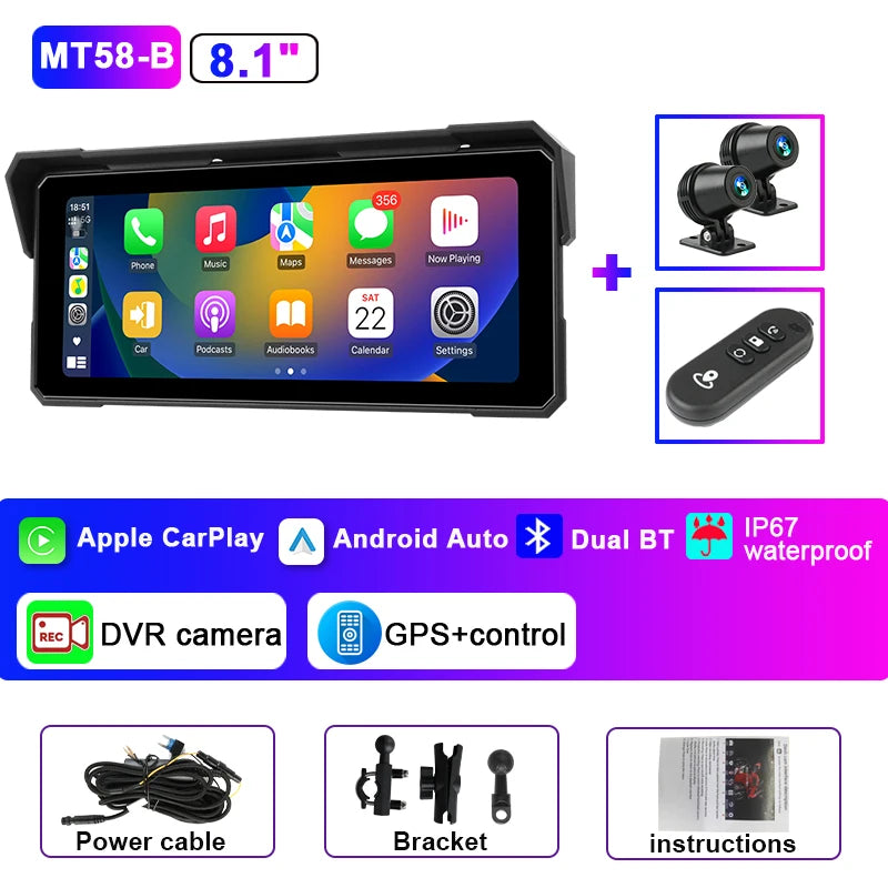 JMCQ Portable 8.1 inch Motorcycle 4K DVR GPS Navigation Wireless Carplay Android Auto Moto Recorder Monitor IPX7 Waterproof