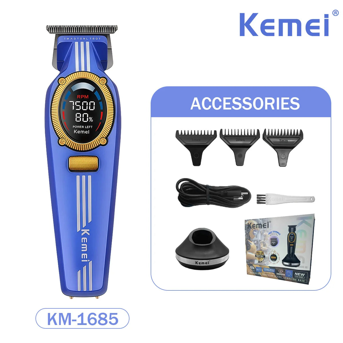 Kemei Trimmer Professional Hair Clippers Rechargeable Clippers 9000 RPM DLC Blade LCD Display Trimmer for Men KM-1685 KM-1692