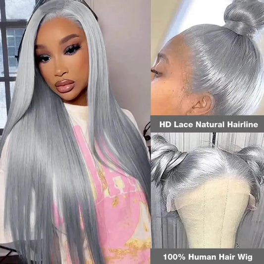 13X4 Straight Hd Lace Frontal Wig Silver Grey Straight Lace Front Wig Remy Brazilian Bone Straight Human Hair Wigs For Women