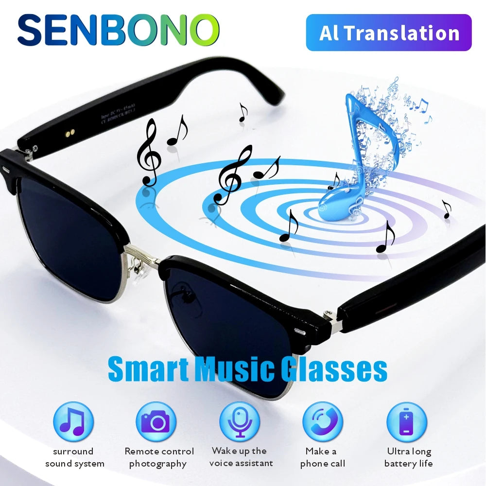 SENBONO Fashion Smart Glasses AI Translation 144+ Languages Real-time Translator BT Call Play Music Camera Control for Men Women