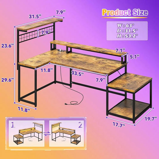 Rustic Brown L-Shaped Gaming Desk with LED & Power Outlets, Reversible Corner Desk with Storage and Hooks,Home Office Customized