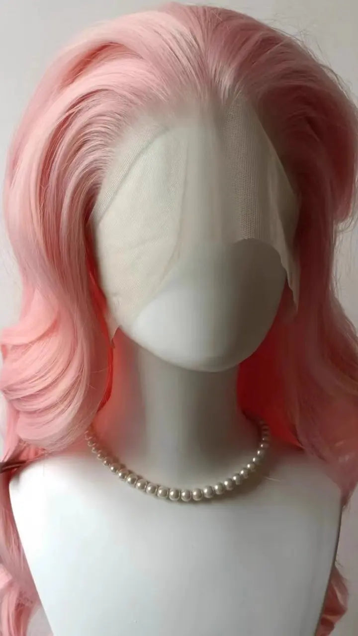 13x4 Lace Front Wig Pink Lolita Long Wavy Hair Wig for Women High Temperature Fibers Synthetic Lace Wigs Wear and Go Cosplay