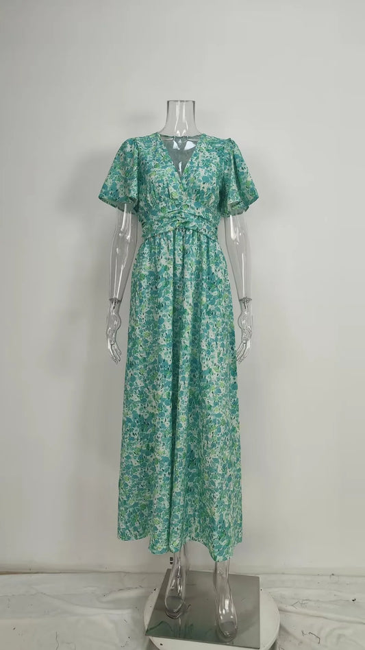 Summer Women Floral Print Casual Long Dress Fashion V Neck Short Sleeve Elegant Office Female Beach Party Maxi Dresses Robe