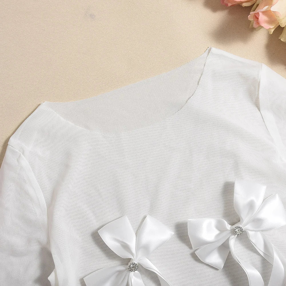 White 3D Bowknot Tassel Sexy Sheer Mesh Women Two Piece Short Sets 2026 Summer Fashion Long Sleeve Tshirt and Mini Shorts Outfit