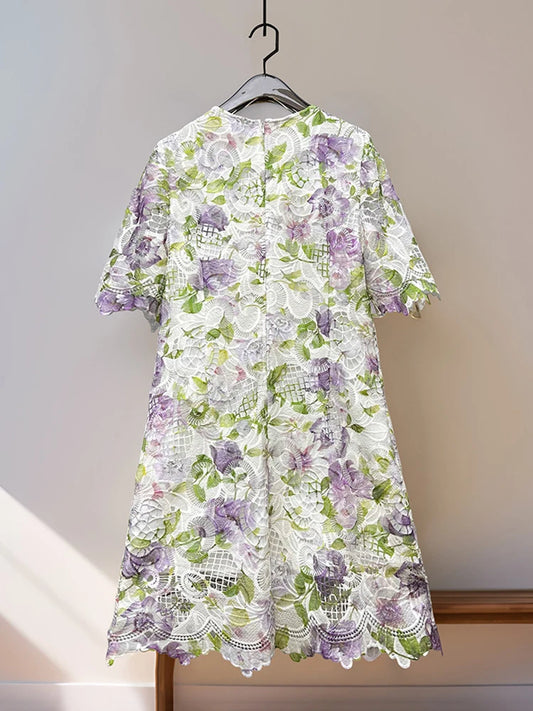 Womens Summer Hollow Embroidery Dress Short Sleeve Beaded Applique Lace Midi Dress Casual Elegant Chic Summer Party Wear