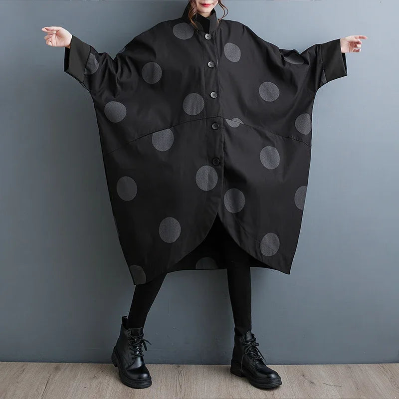 Oversized Polka Dot Trench Coat Women Vintage Autumn Loose Ladies Outwear Casual Trench Coats Fashion Woman Long Jacket Coat