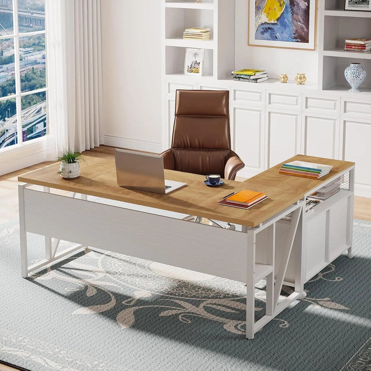 L Shaped Desk with Drawer,63" Executive Computer Desk and lateral File Cabinet, 2 Piece Home Office Furniture for, Customized