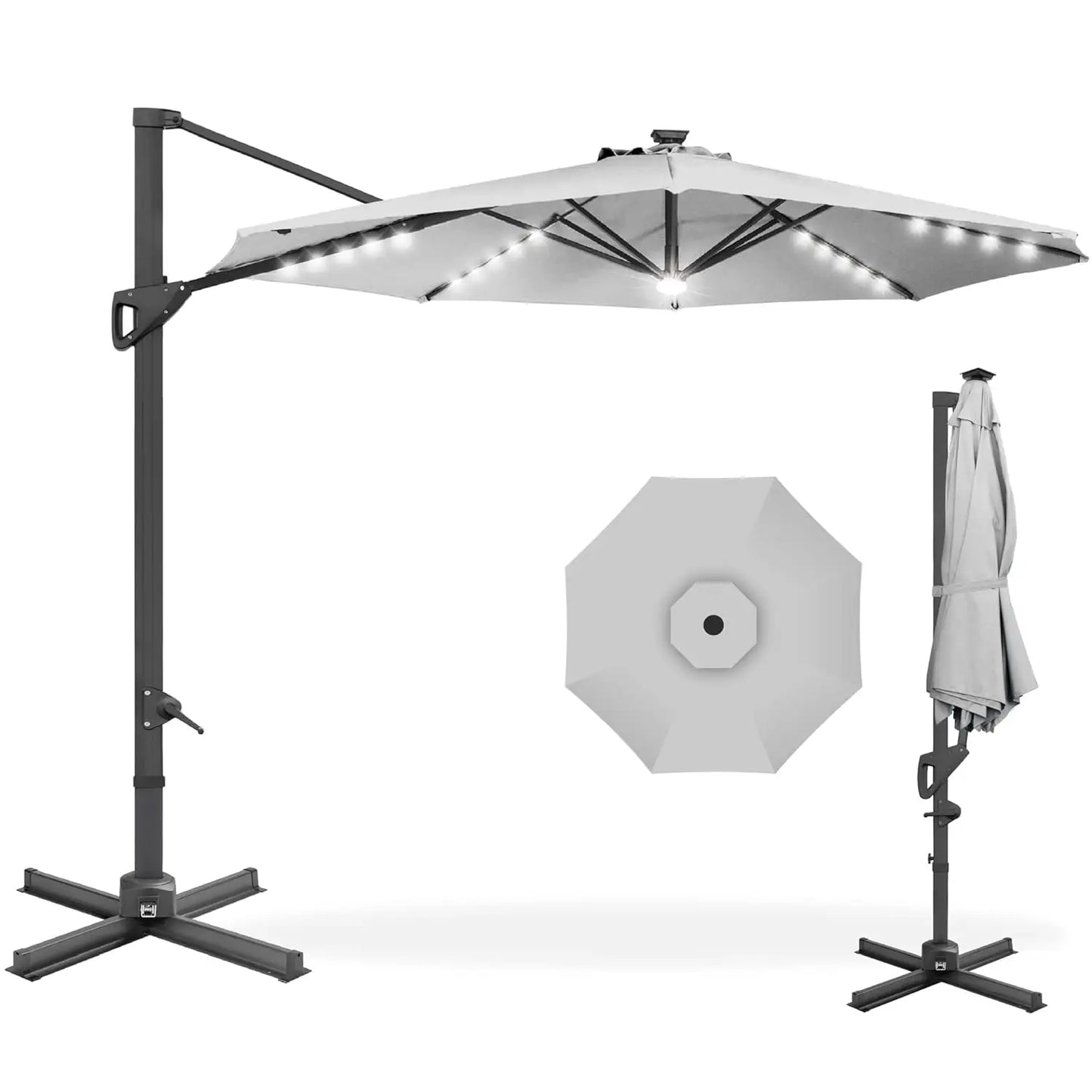 10ft Solar LED Cantilever Patio Umbrella, 360-Degree Rotation Hanging Offset Market Outdoor Sun Shade for Backyard,, Customized