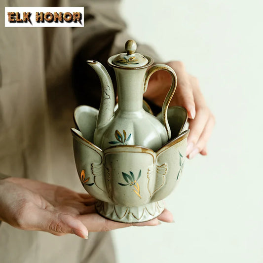 180ml Antique Gold Drawing Teapot Hand Butterfly Orchid Ceramic Wine Warmers Kettle Cups Thermos Bucket Tea Garbage Can Wine Set
