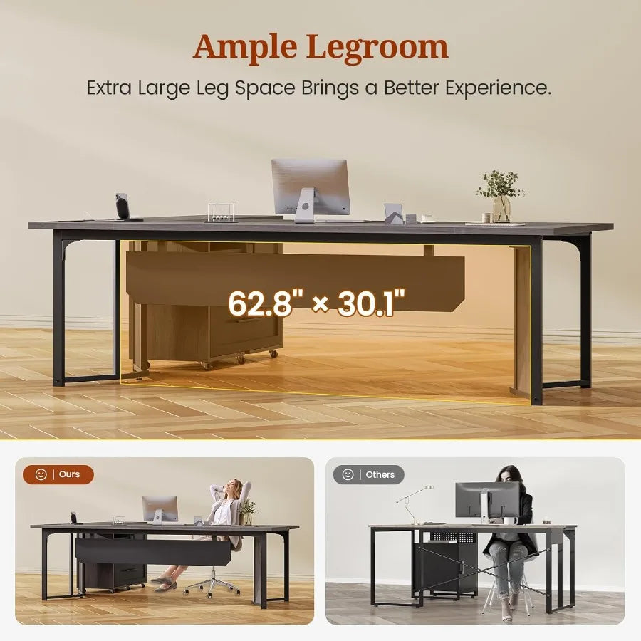 63 Executive Desk with Mobile File Cabinet for Large Office Spaces Modern L-Shaped Workstation with Built-in Power Outlets Inte