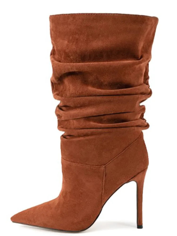 2025Women's Autumn and Winter New Pleated High-heeled Short Boots with Pointed Sleeves, Women's 35-47 Large Mid Length Boots