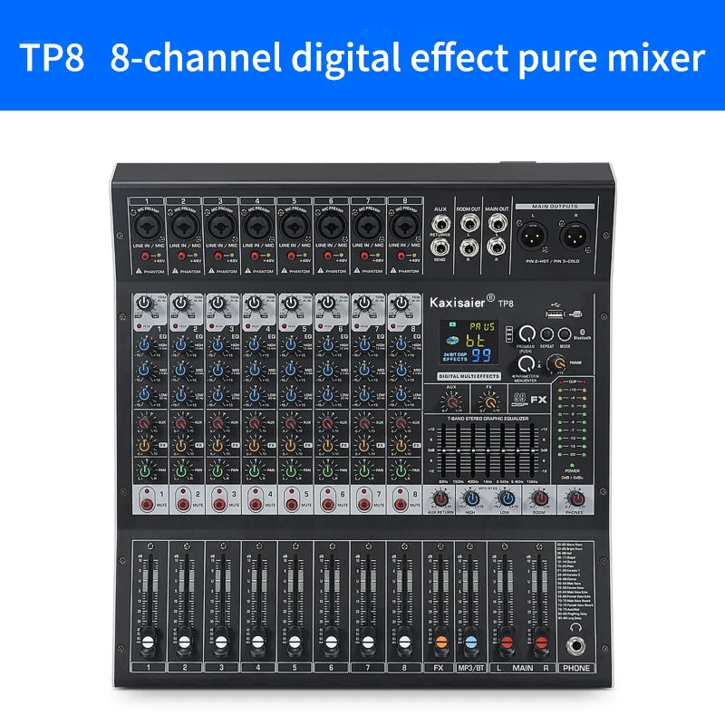 8/12 Channel Digital Mixer Audio Console 100 DSP Effects Bluetooth USB MP3 DJ Reverberation Sound Mixing Console