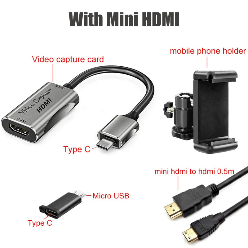 HDMI Adapter 4K Video Capture Card DSLR Video Camera Transmission Mobile Phone Screen Monitor Set for Vlog Youtuber Filmmaker