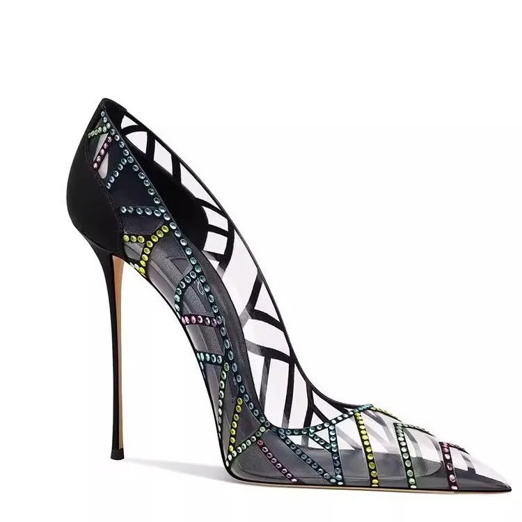 Black Design Sense Niche Transparent Multicolored Rhinestone 2026 New Pointed Toe Stiletto High-heeled Shoes for Women