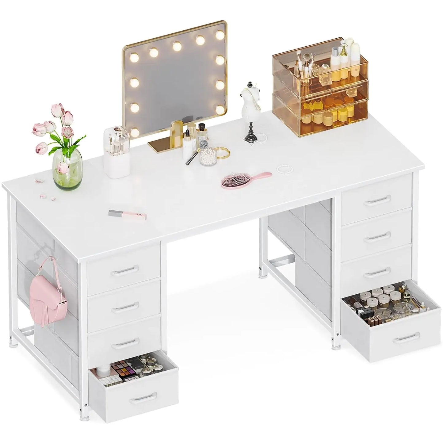 48 Inch White Computer Desk with 8 Fabric Drawers, Modern Office Desk with Large Storage for Home Office, Study,, Customized