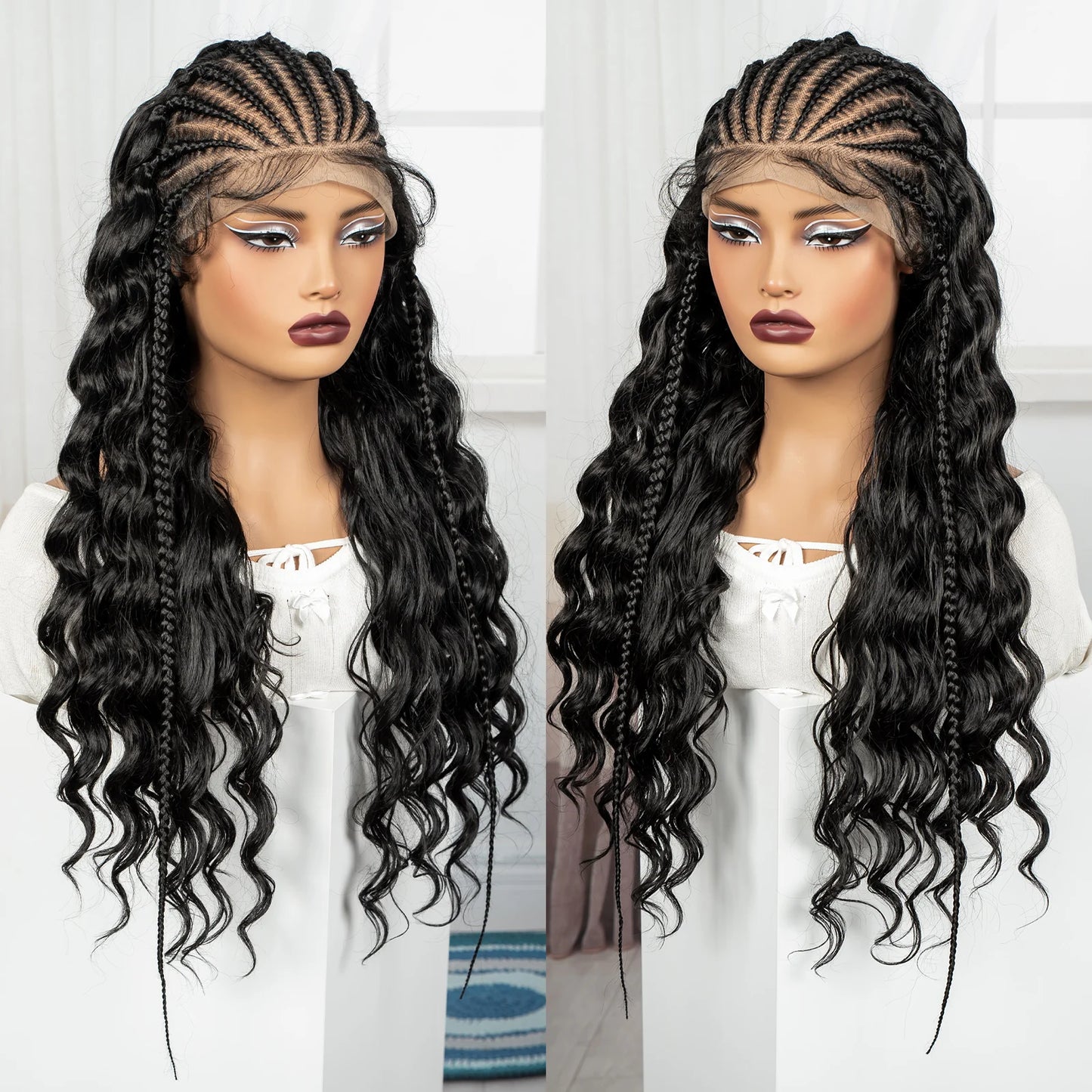 28inch 13x6 Transparent Lace Front Natural Deep Wave Hair Wigs with Cornrow Braids Synthetic Curly Brazilian Hair Wig for Women