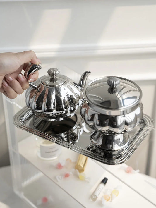 Nordic Luxury Stainless Steel TeaPot, Retro Sugar Bowl, Coffee Candy Jar with Lid for Home Decoration, Afternoon Tea, Holtel