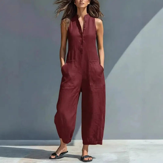 Women's Summer Sleeveless Jumpsuit Button Up Stand Collar Loose One Piece Overalls Wide Leg Long Pants Rompers with Pockets