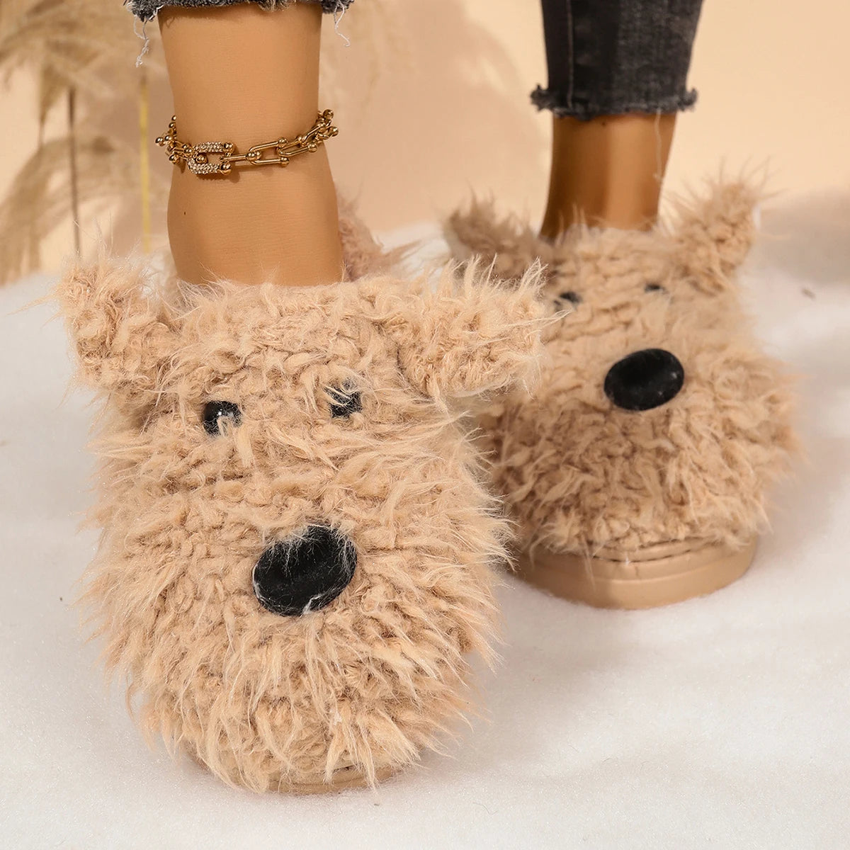 Cartoon Puppy Fluffy Fur Indoor Slippers Women 2025 Winter Thick Bottom Furry Mules Slippers Warm Plush Home Slides for Womon