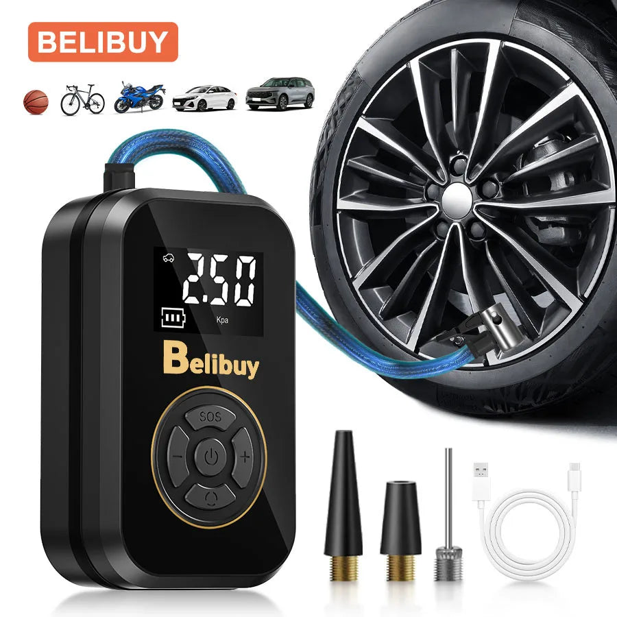 Multifunction Digital Air Pump, Portable Tire Inflator with SOS Light for Car Motorcycle Bicycle Tires, Balls, Boats, Camping