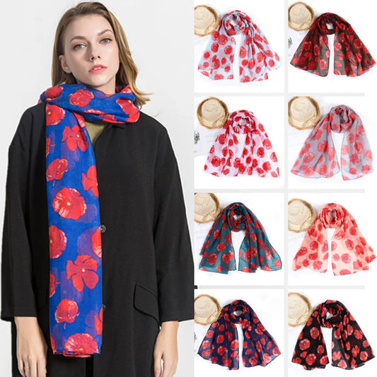 Colorful Poppy Print Scarf 180*90cm Smooth Poppy Floral Shawl Breathable Cotton Voile Poppies Floral Wrap for Women Ladies