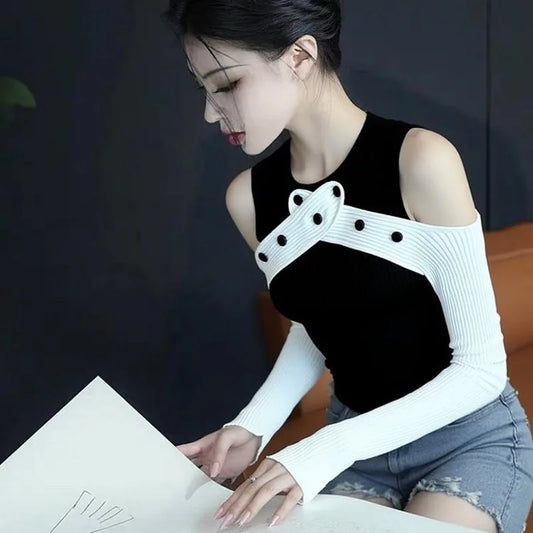 Women Clothing Autumn Fashion Simplicity Trend Hollow Out Knitting O-neck Female Color Blocking Appear Thin Slim Pullovers Sweat
