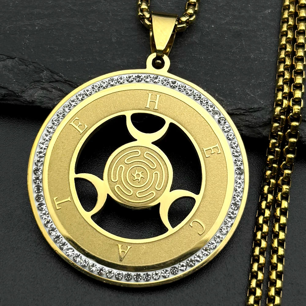 Witchcraft Triple Moon Goddness Hekate Wheel Stainless Steel Pendant Necklace Strophalos Hecate Magic Symbol PIN Jewelry